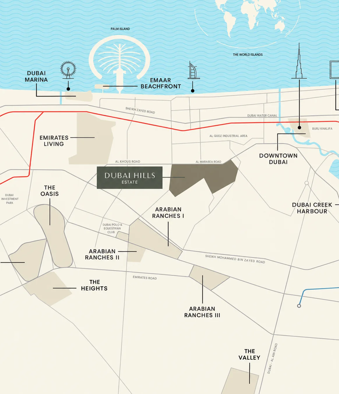 Map positioning Lunaya near Sheikh Zayed Road and major destinations in the Jebel Ali growth corridor